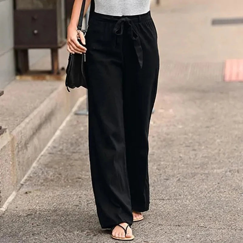 Elastic Waist Straight Linen Pants