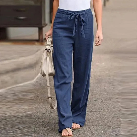 Elastic Waist Straight Linen Pants