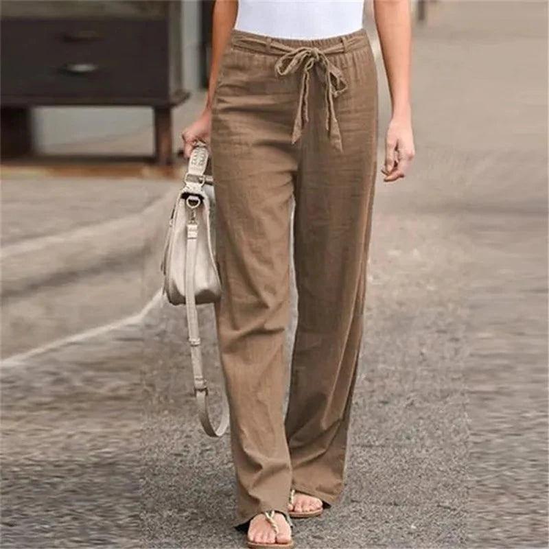 Elastic Waist Straight Linen Pants