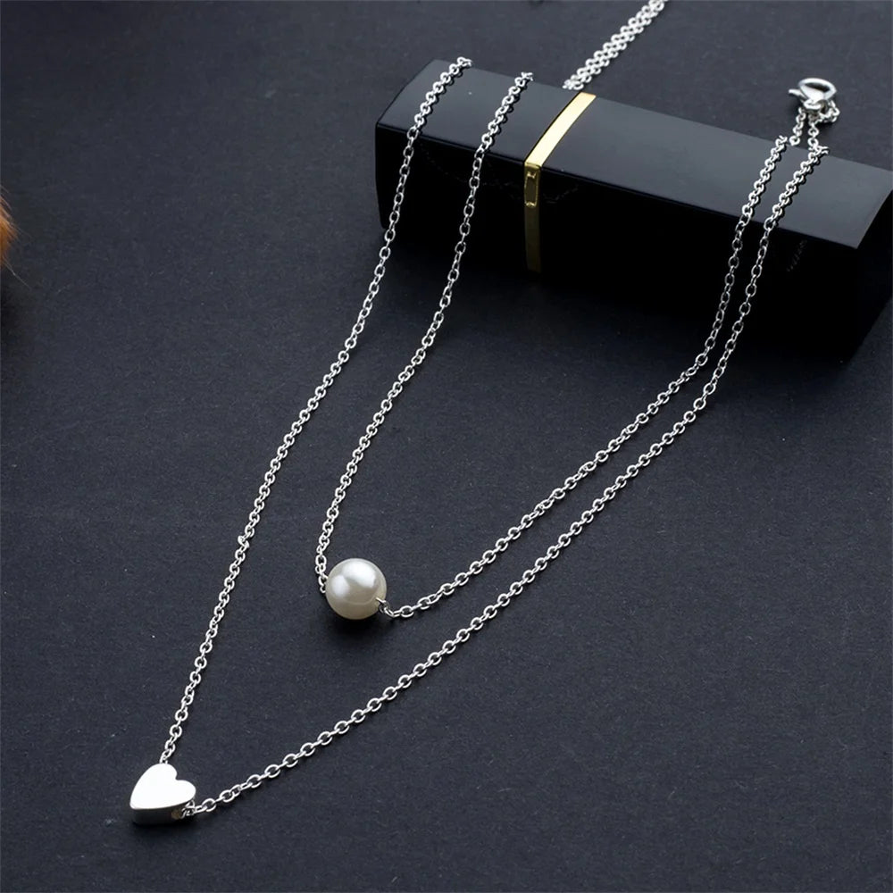 Sweet Double Layers Imitation Pearls Heart-shaped Pendant Necklace