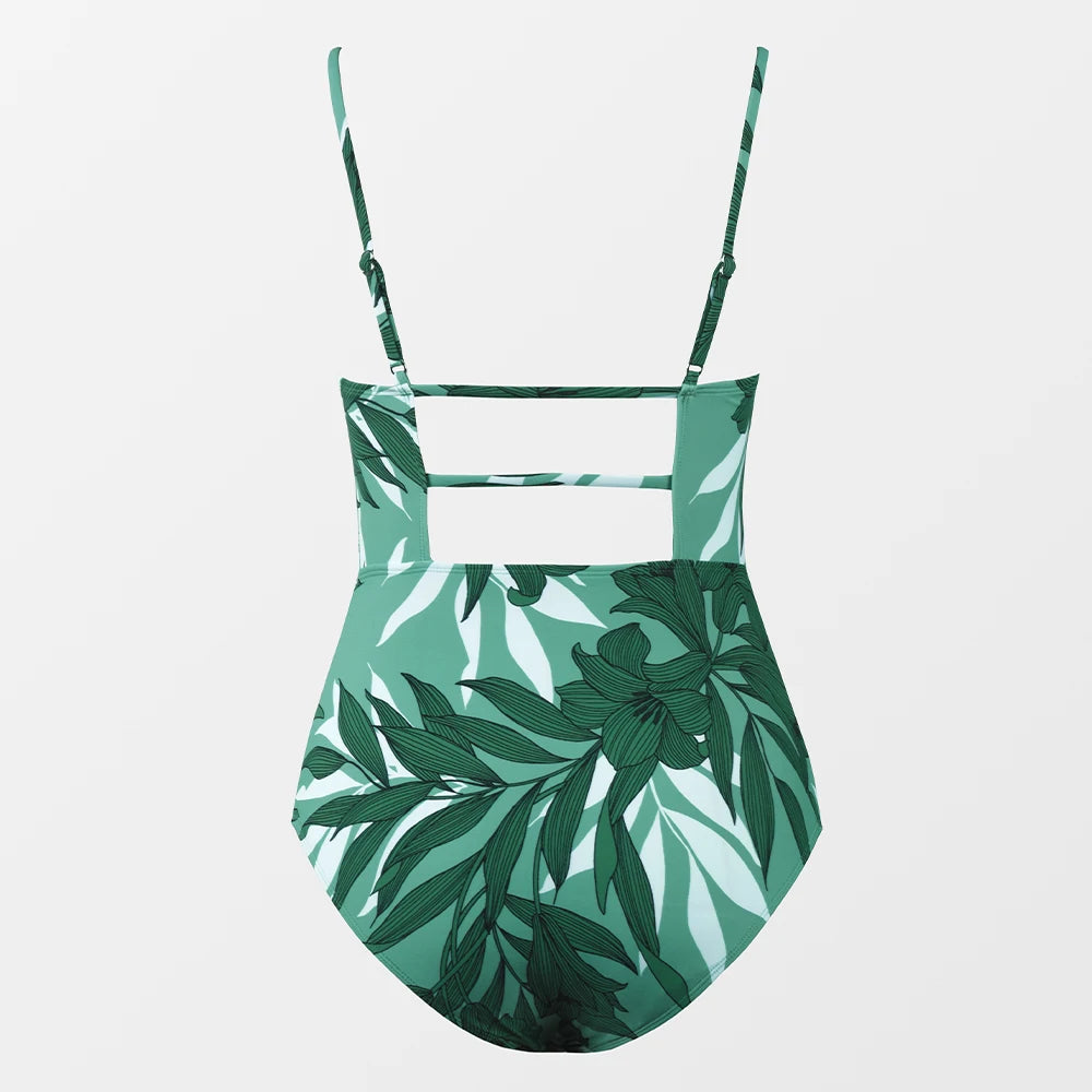 Leaf Print Square Neck One-Piece Swimsuit