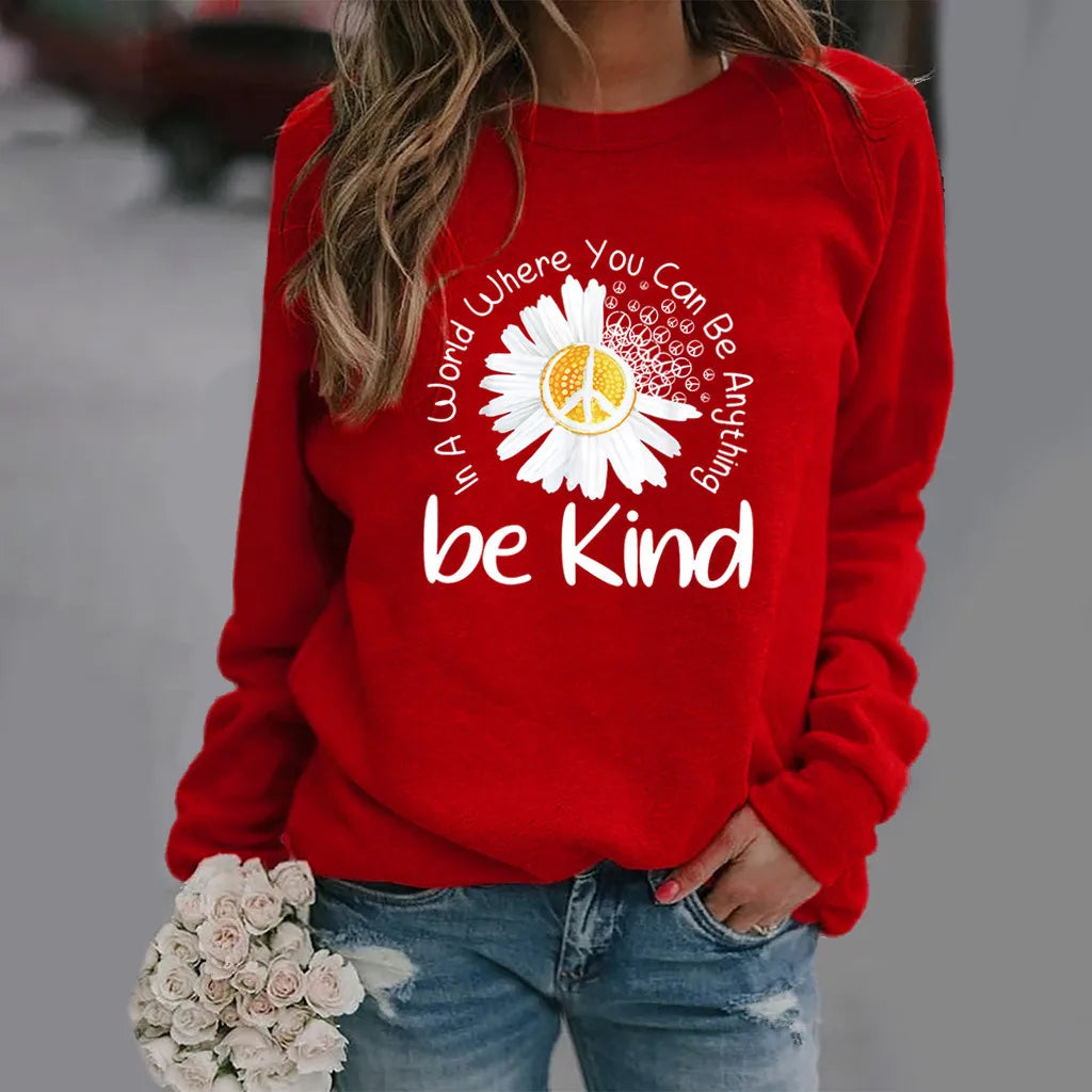 Be Kind of Daisy Print Long-sleeved Crew-neck Hoodie Clothes  Sweatshirt  Streetwear Women  Hoodies Women