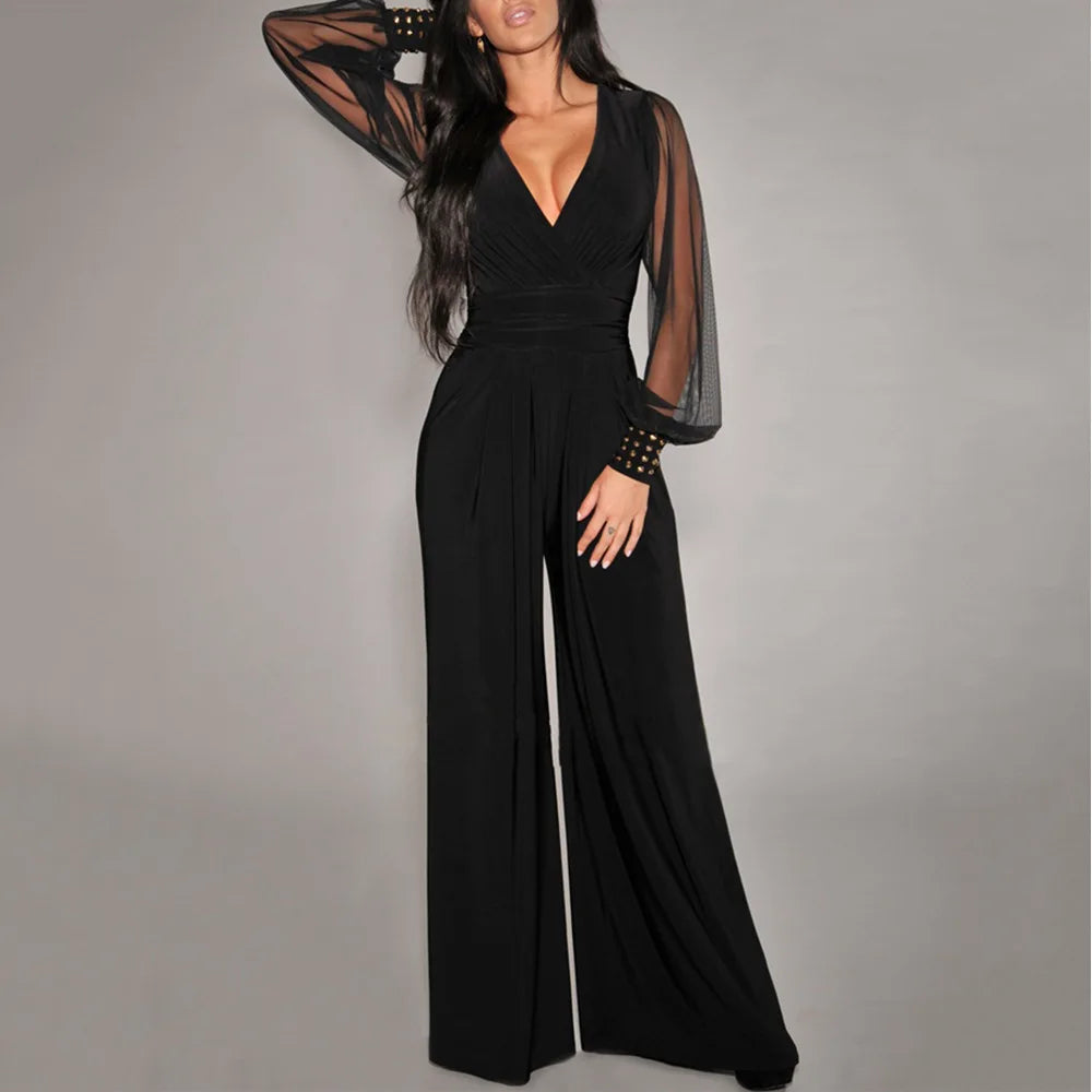 V Neck Long Sleeves Lapel Solid Jumpsuit