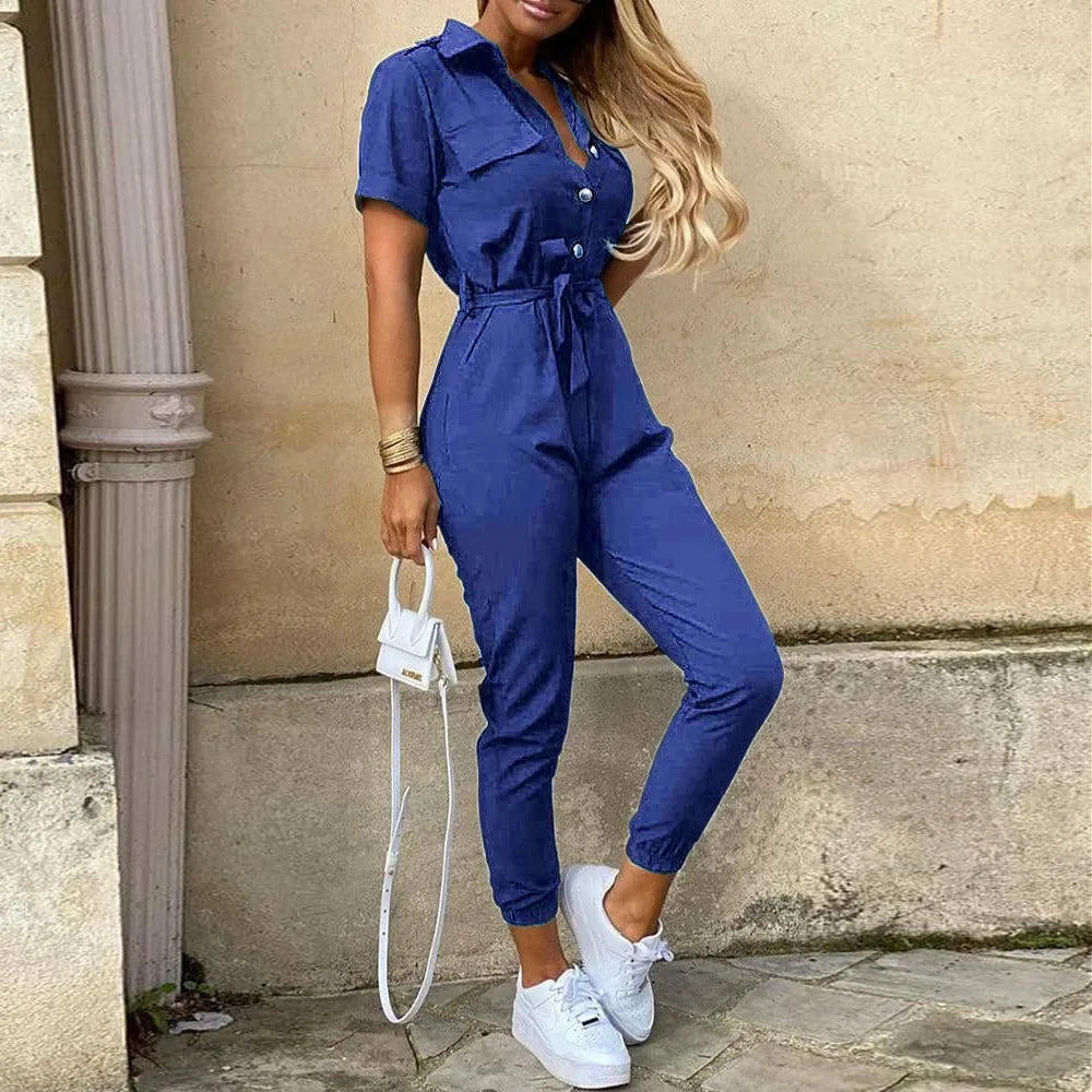 Casual Lapel Buckle Printed Belt Jumpsuit