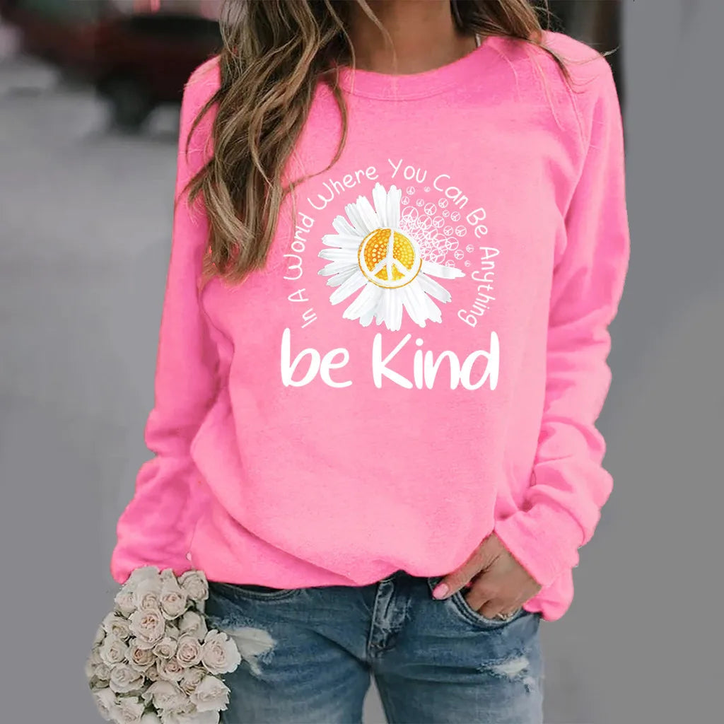 Be Kind of Daisy Print Long-sleeved Crew-neck Hoodie Clothes  Sweatshirt  Streetwear Women  Hoodies Women