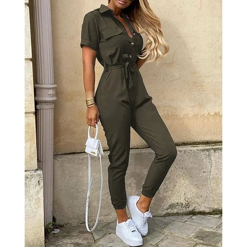 Casual Lapel Buckle Printed Belt Jumpsuit