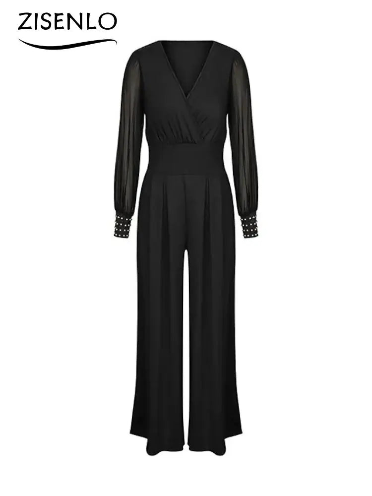 V Neck Long Sleeves Lapel Solid Jumpsuit