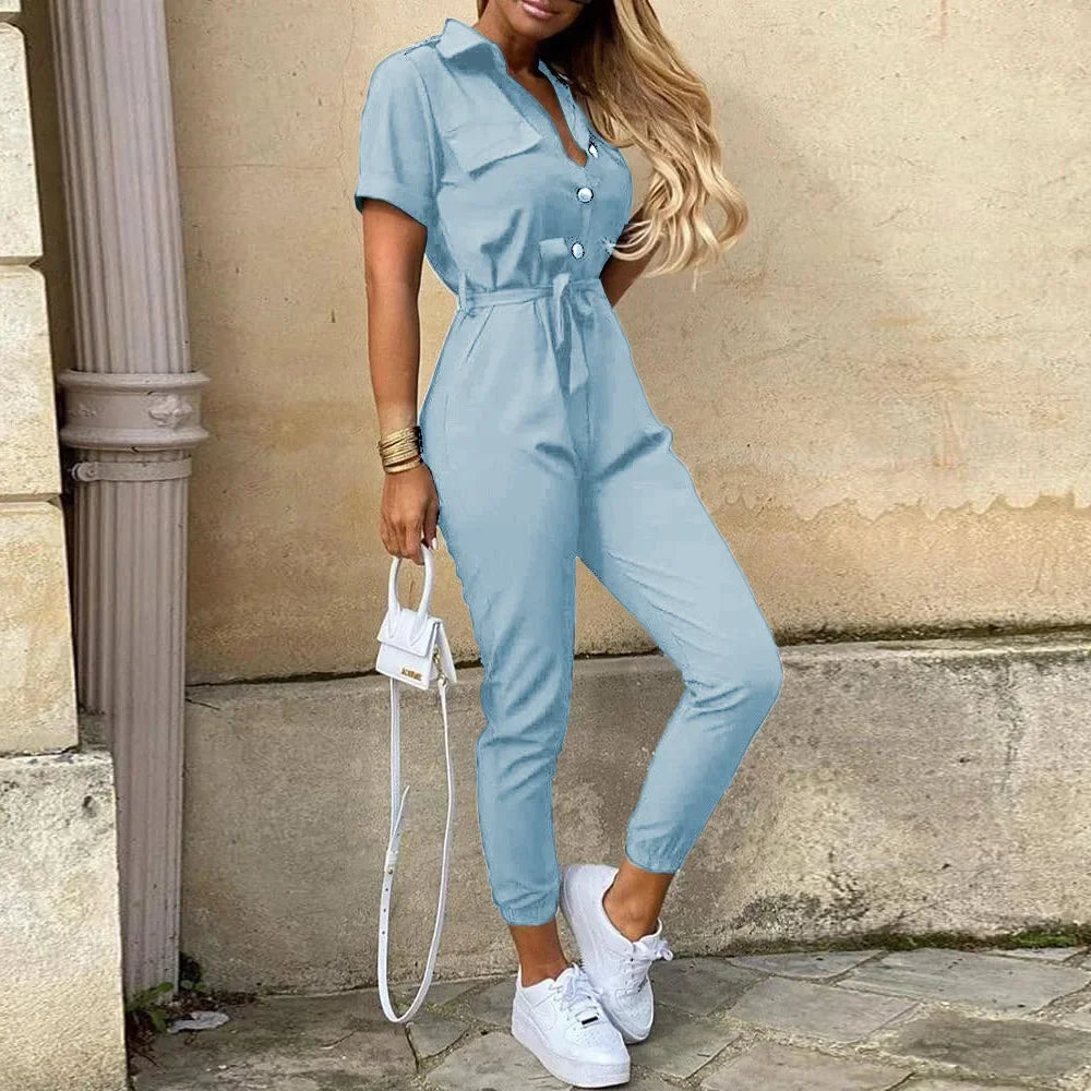 Casual Lapel Buckle Printed Belt Jumpsuit