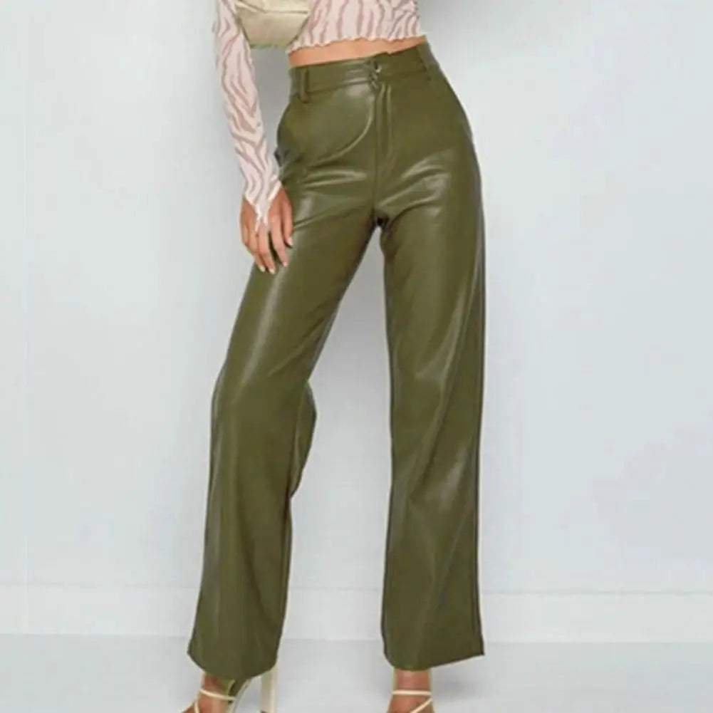 Faux Leather Elastic Waist Cargo Pants