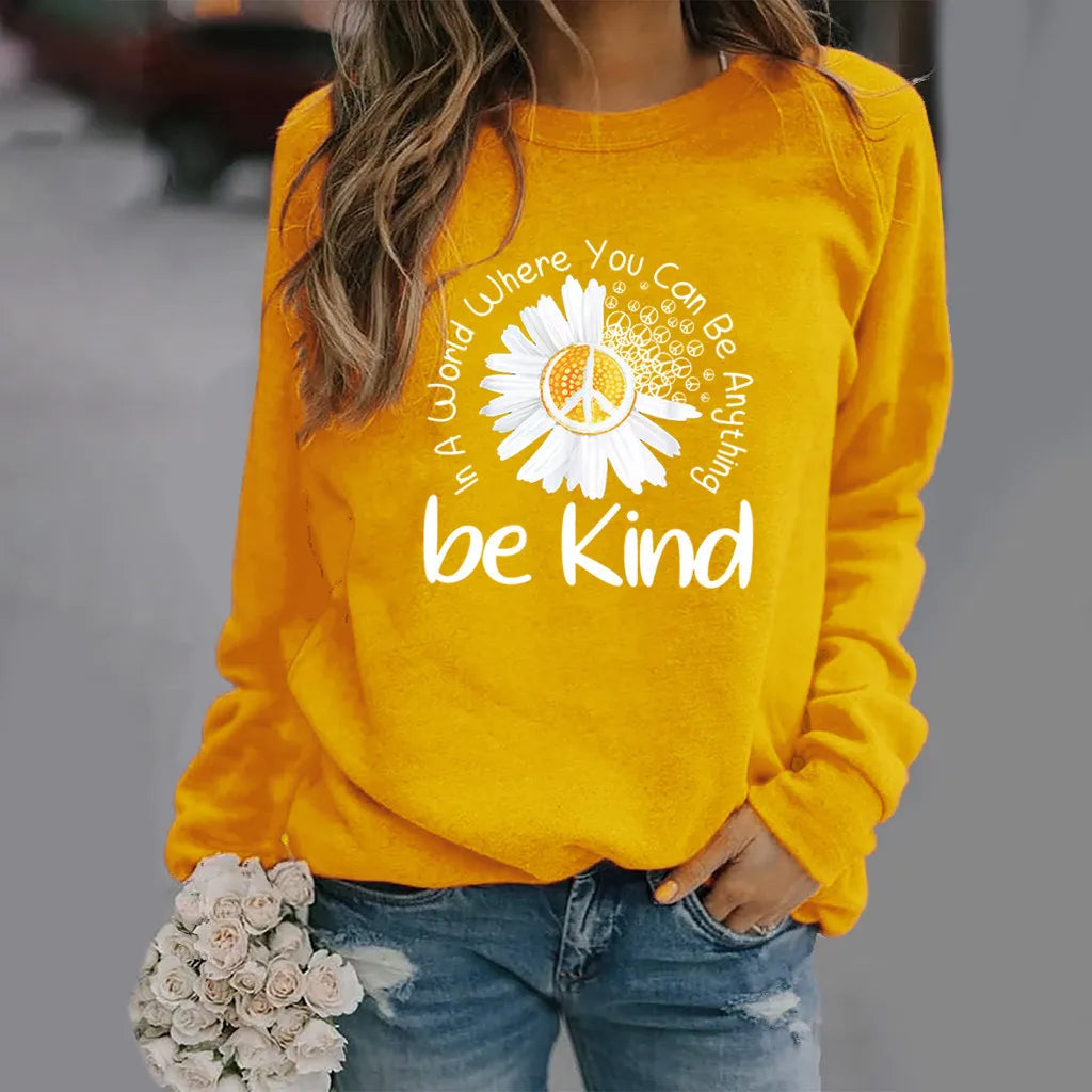 Be Kind of Daisy Print Long-sleeved Crew-neck Hoodie Clothes  Sweatshirt  Streetwear Women  Hoodies Women