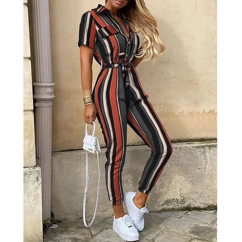 Casual Lapel Buckle Printed Belt Jumpsuit