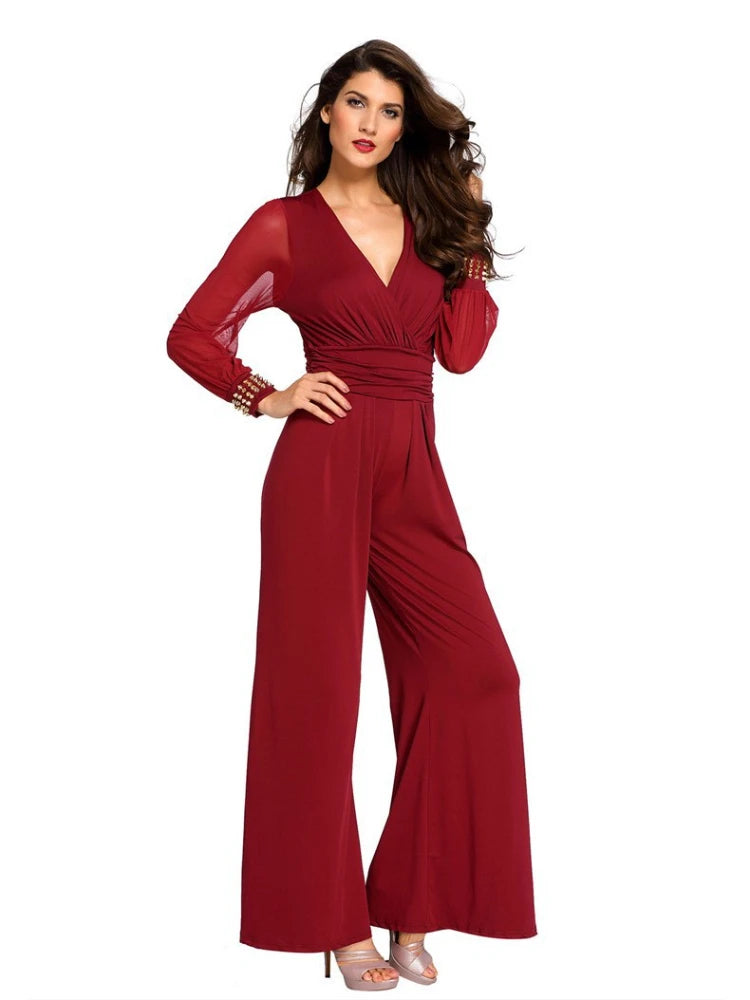 V Neck Long Sleeves Lapel Solid Jumpsuit