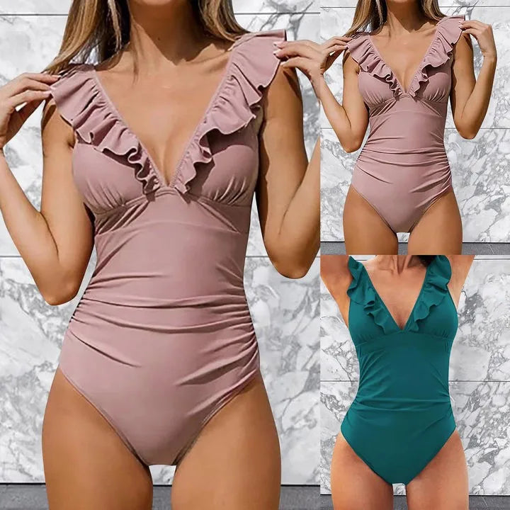 Ruffled V-neck Lace Up Monokini