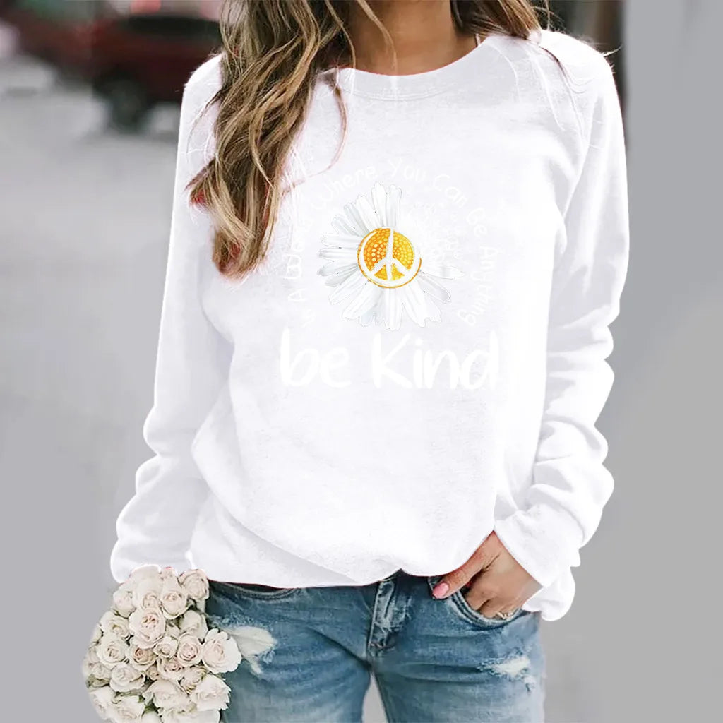 Be Kind of Daisy Print Long-sleeved Crew-neck Hoodie Clothes  Sweatshirt  Streetwear Women  Hoodies Women