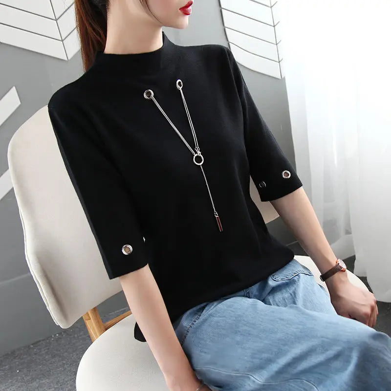 Sequined Pendant O Neck Half Sleeve T-Shirt