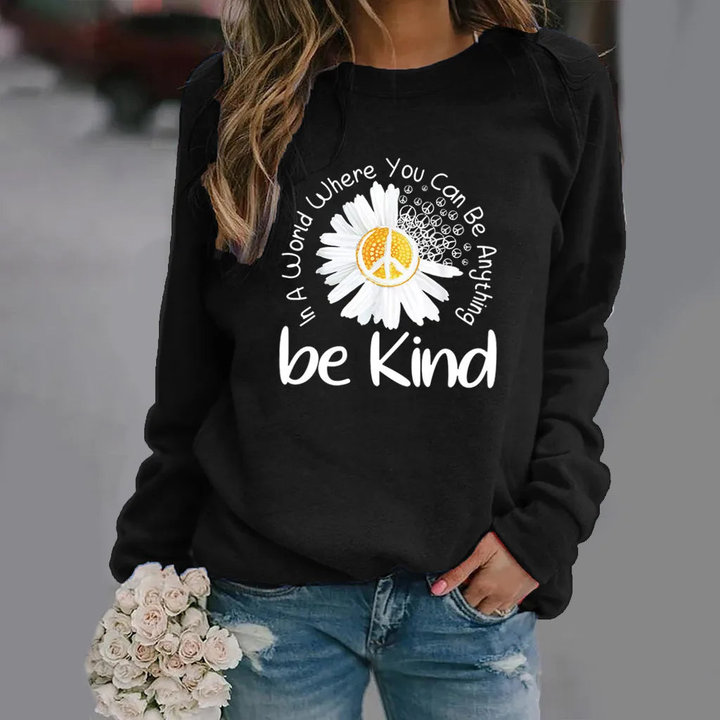 Be Kind of Daisy Print Long-sleeved Crew-neck Hoodie Clothes  Sweatshirt  Streetwear Women  Hoodies Women